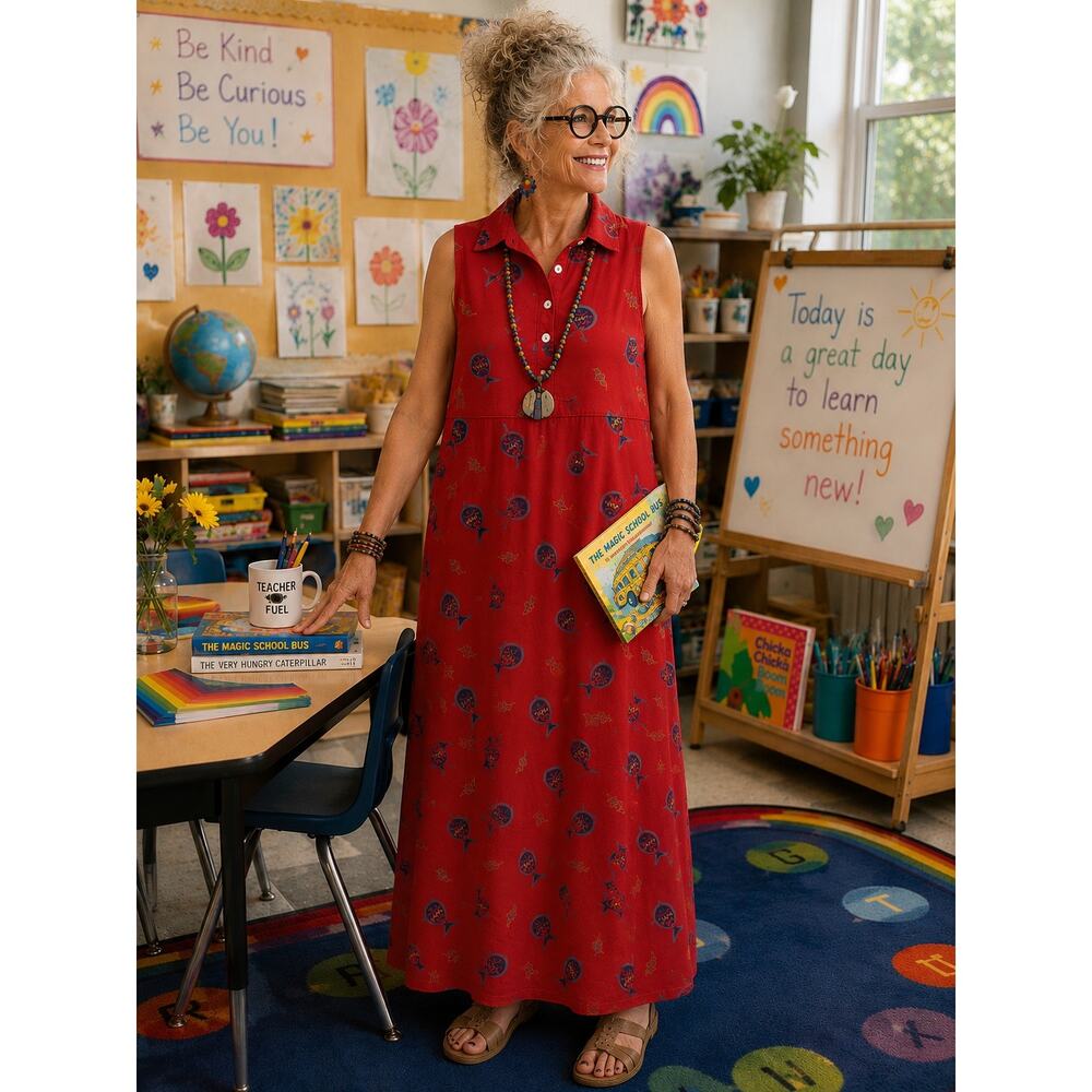 Vintage Zip Code Red Fish Print Maxi Dress Artsy Teacher Coastal Large